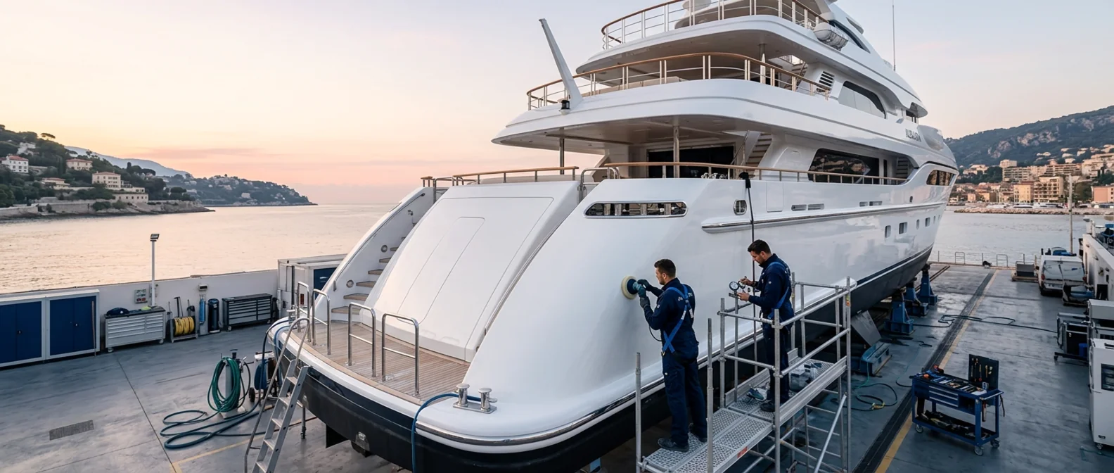 Yacht en maintenance dans un chantier naval
